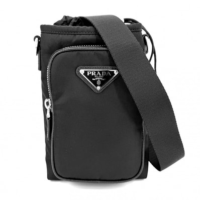 PRADA プラダ ショルダーバッグ スマートフォンケース トライアングルロゴ 肩掛け 斜め掛け 2ZH155 ナイロン レザー ブラック 黒 シルバー金具 ユニセックス 美品【中古品】