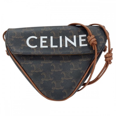 CELINE セリーヌ ショルダーバッグ 肩掛け 斜め掛け トリオンフ トライアングル ミニバッグ ロゴ プリント ブラウン 茶 ホワイト 白 レディース【中古品】