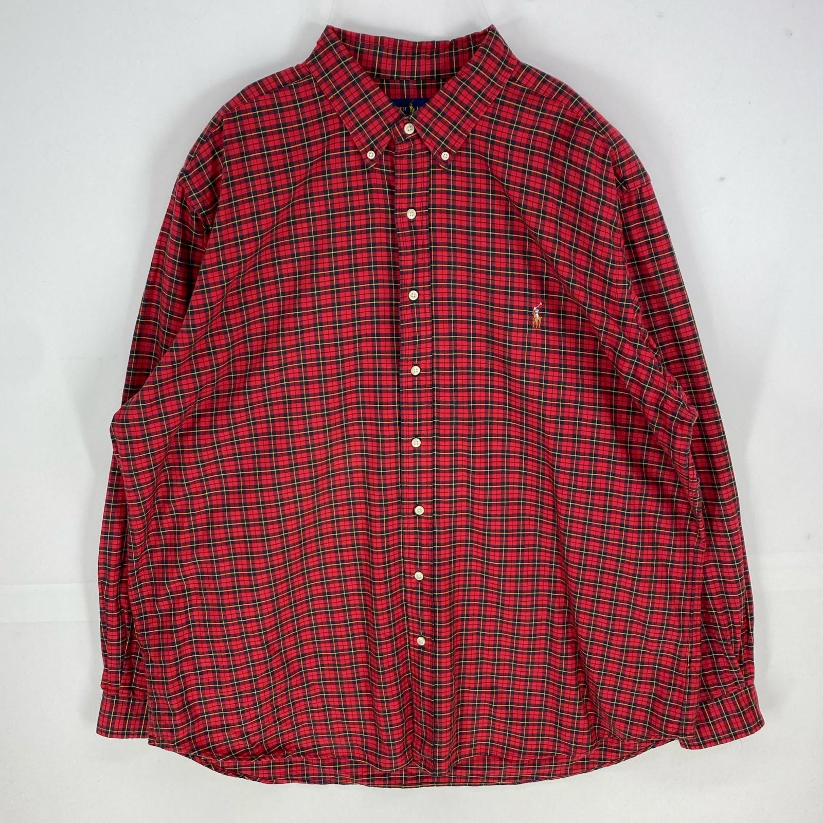 古着 ラルフローレン RALPH LAUREN 長袖シャツ 刺繍ロゴ ボタンダウン ロングスリーブ ワンポイント 2XLT  レッド系 チェック メンズ