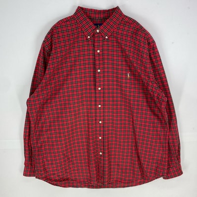 古着 ラルフローレン RALPH LAUREN 長袖シャツ 刺繍ロゴ ボタンダウン ロングスリーブ ワンポイント 2XLT レッド系 チェック メンズ