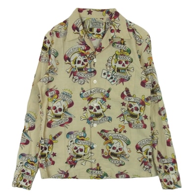 WACKO MARIA ワコマリア CAPTAIN SKULL HAWAIIAN SHIRT LS キャプテン スカル 長袖 フランネル シャツ ベージュ系 S【中古】