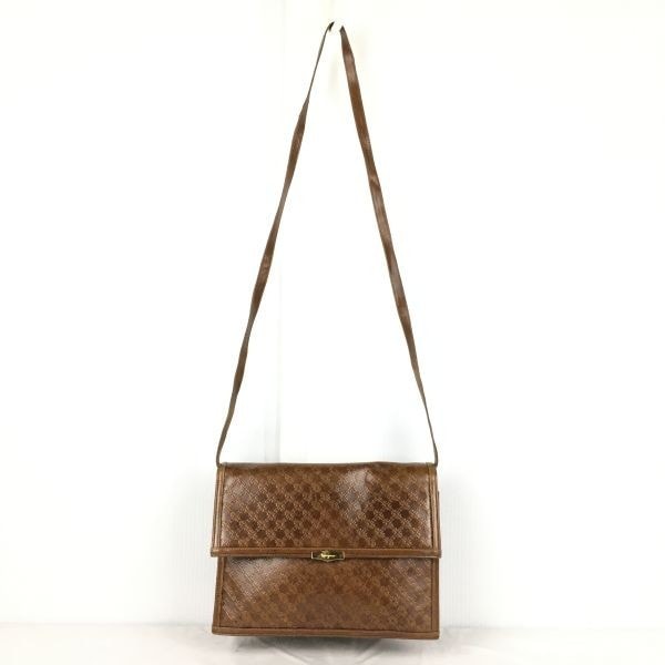 90s?/Vintage★Ferragamo/フェラガモ★レザーショルダーバッグ【茶/ブラウン 型押し総柄/レディース】 管NO.YB8-64