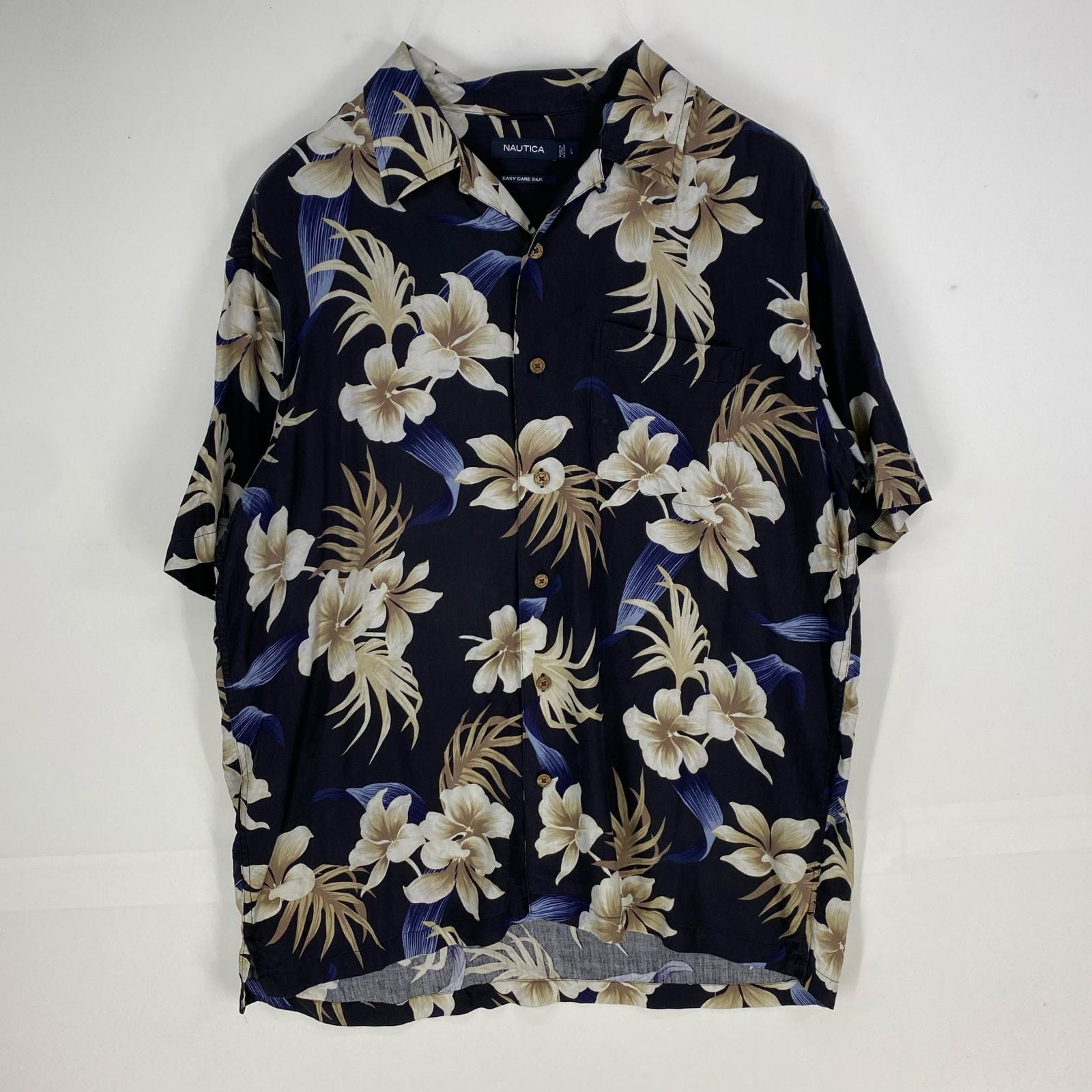 古着 ノーティカ NAUTICA 半袖シャツ アロハ 花柄 開襟 オープンカラー ショートスリーブ L  ブラック系 メンズ