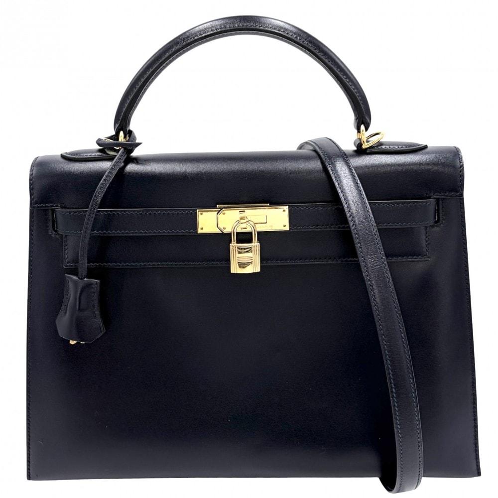 HERMES エルメス 2WAY ケリー32 外縫い ハンドバッグ 肩掛け 斜め掛け ショルダーバッグ □F刻印 ボックスカーフ    ネイビー 紺 ゴールド金具 レディース 2002年【中古品】
