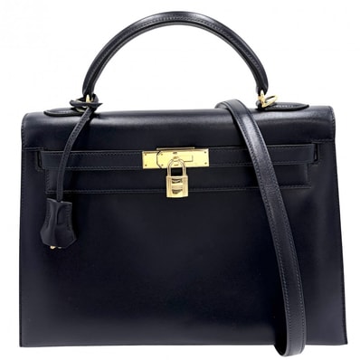 HERMES エルメス 2WAY ケリー32 外縫い ハンドバッグ 肩掛け 斜め掛け ショルダーバッグ □F刻印 ボックスカーフ ネイビー 紺 ゴールド金具 レディース 2002年【中古品】