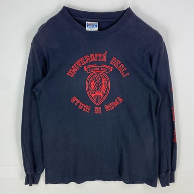 古着 90's/90年代 ヘインズ Hanes USA製 長袖Tシャツ クルーネック カレッジ シングルステッチ M ネイビー系 プリント メンズ