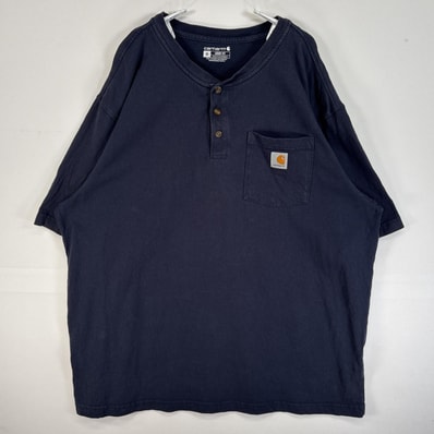 古着 カーハート Carhartt 半袖Tシャツ ヘンリーネック 大きいサイズ 肉厚 ワンポイント ロゴ 胸ポケ XL ネイビー 無地 メンズ