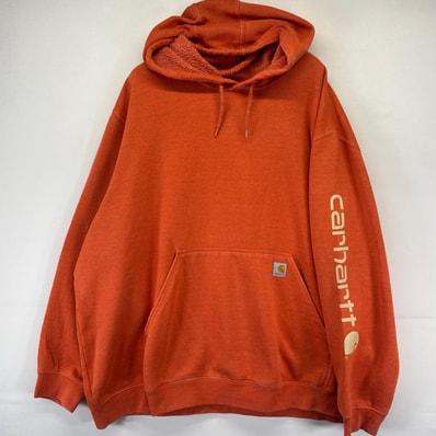 古着 カーハート Carhartt パーカー フーディー ワンポイントロゴ 大きいサイズ 袖ロゴプリント プルオーバー 4XL オレンジ系 メンズ