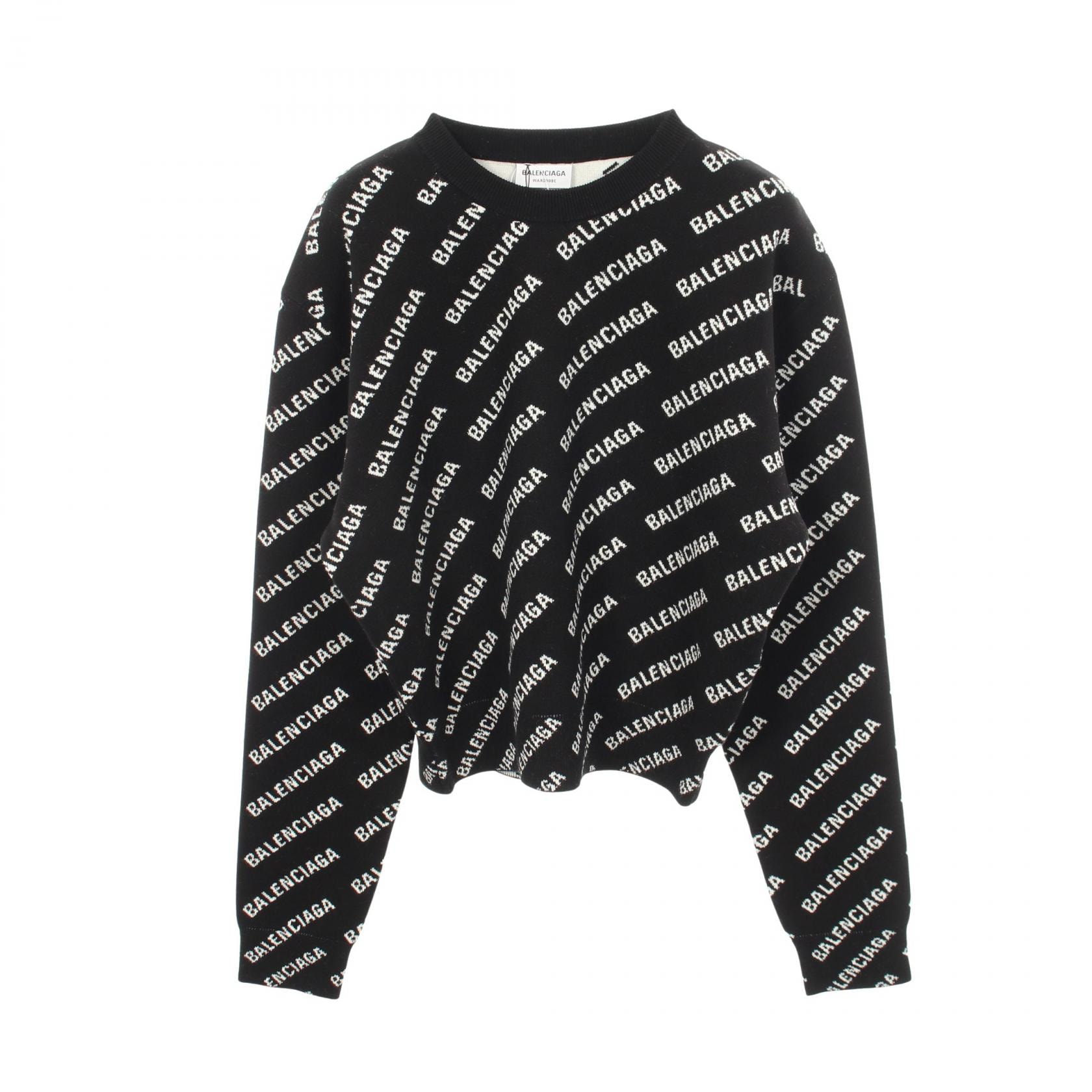 バレンシアガ BALENCIAGA オールオーバーロゴ クルーネック ニット 衣料品 トップス コットン ウール レディース ブラック系 694255 【中古】