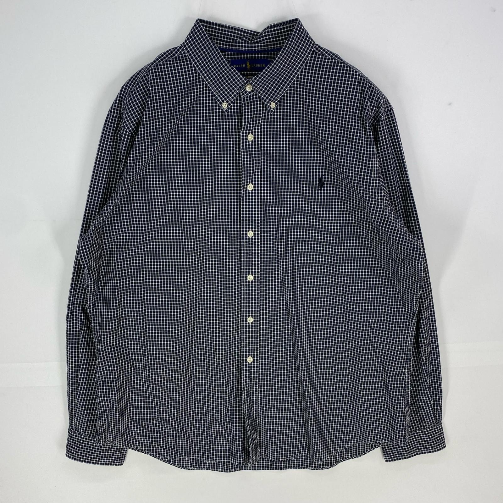 古着 ラルフローレン RALPH LAUREN 長袖シャツ 刺繍ロゴ ボタンダウン ロングスリーブ 2XL ブラック系 チェック メンズ