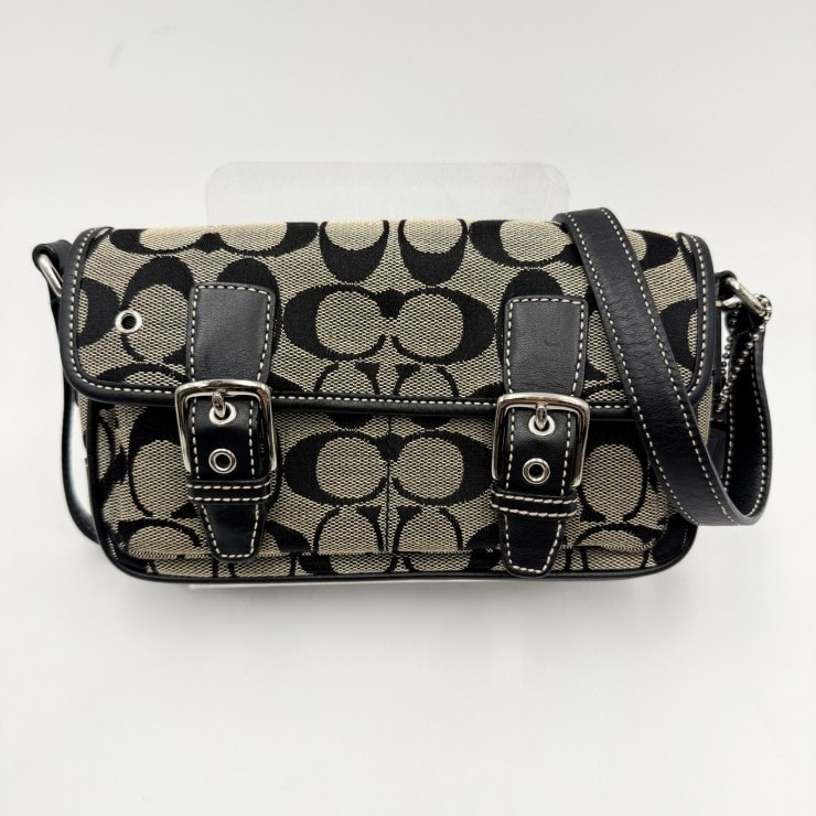 COACH(コーチ)シグネチャー ミニフィールドバッグ ショルダーバッグ キャンバス レザー ブラック系 シルバートーン 6844