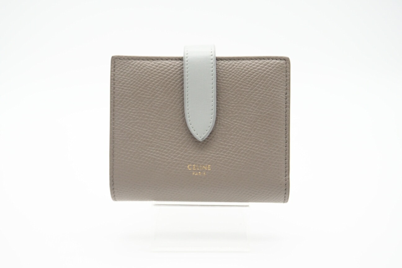 美品 CELINE セリーヌ レザー スモール ストラップウォレット バイカラー ぺブル ミネラル 10H263BRU.10PI 二つ折り財布 バイカラー ベージュ ブルー グレインカーフレザー レディース