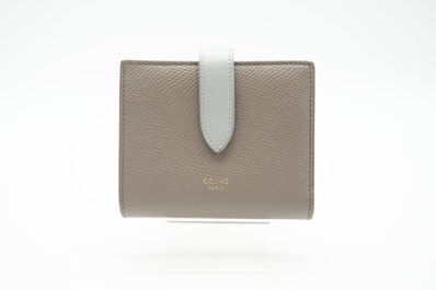美品 CELINE セリーヌ レザー スモール ストラップウォレット バイカラー ぺブル ミネラル 10H263BRU.10PI 二つ折り財布 バイカラー ベージュ ブルー グレインカーフレザー レディース