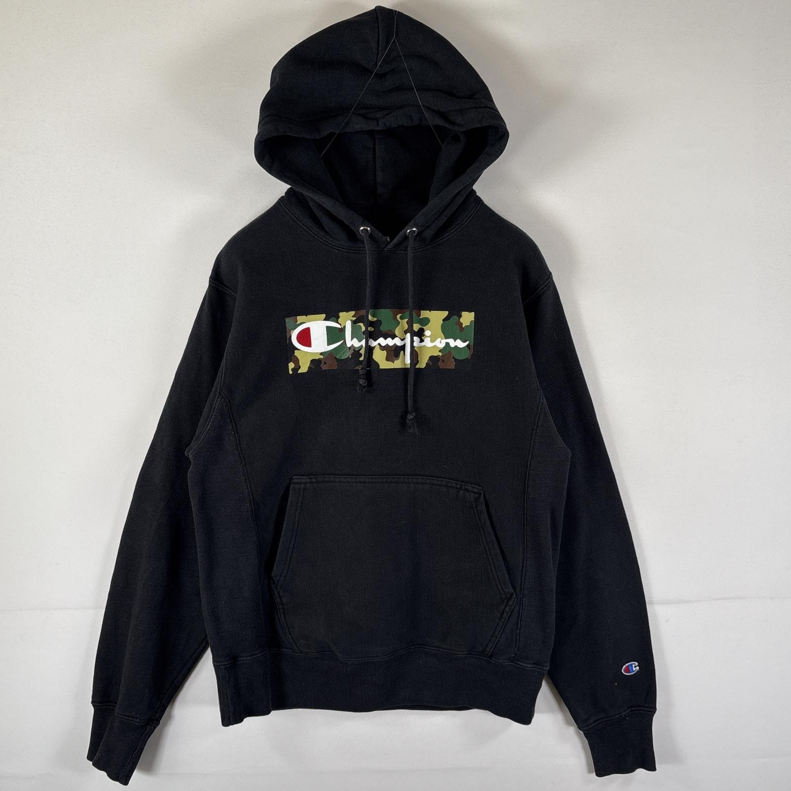 古着 チャンピオン Champion パーカー リバースウィーブ カモフラプリント ビッグロゴ フーディ スウェット SMALL ブラック メンズ