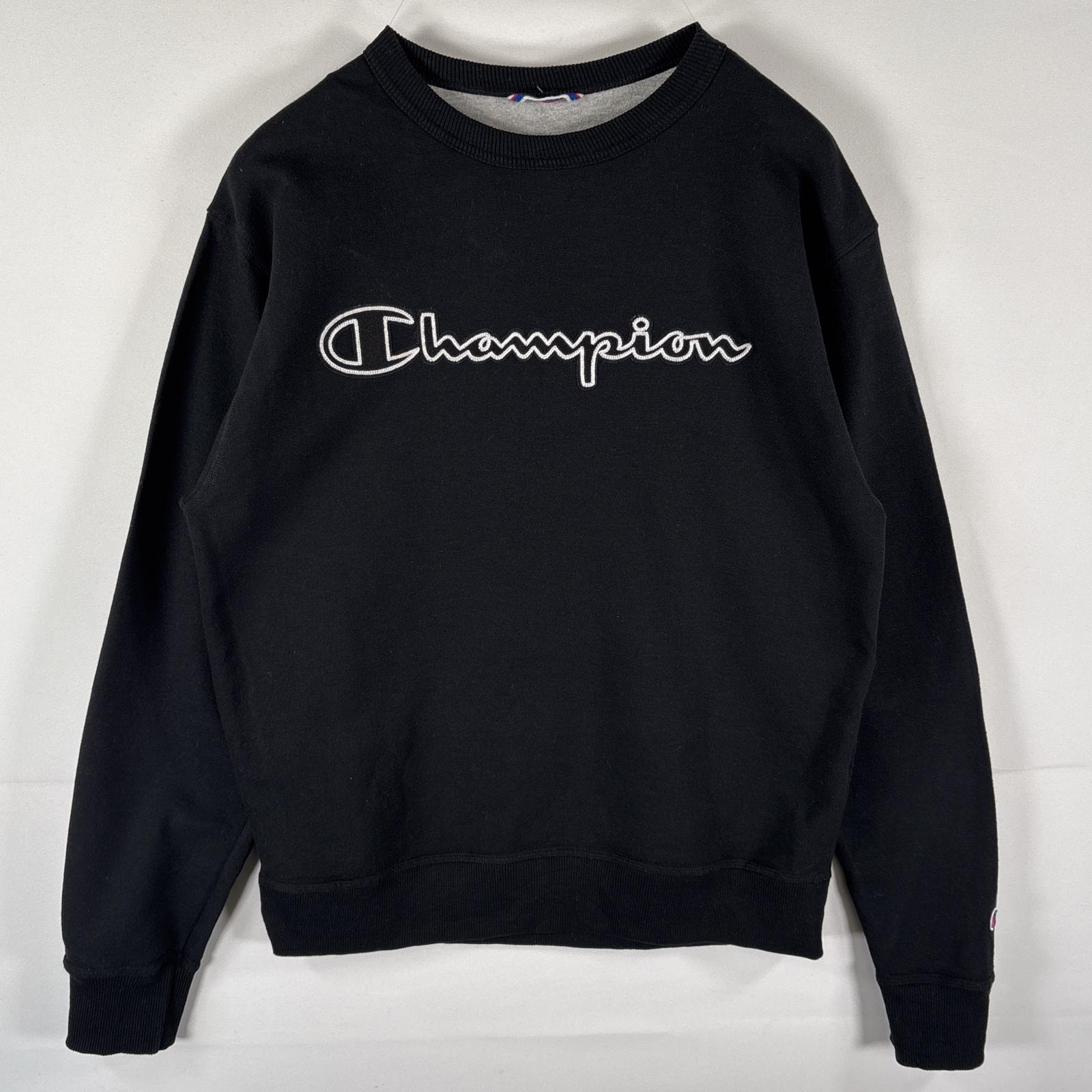 古着 チャンピオン Champion スウェット トレーナー ビッグロゴ ワッペン刺繍 クルーネック プルオーバー M ブラック メンズ