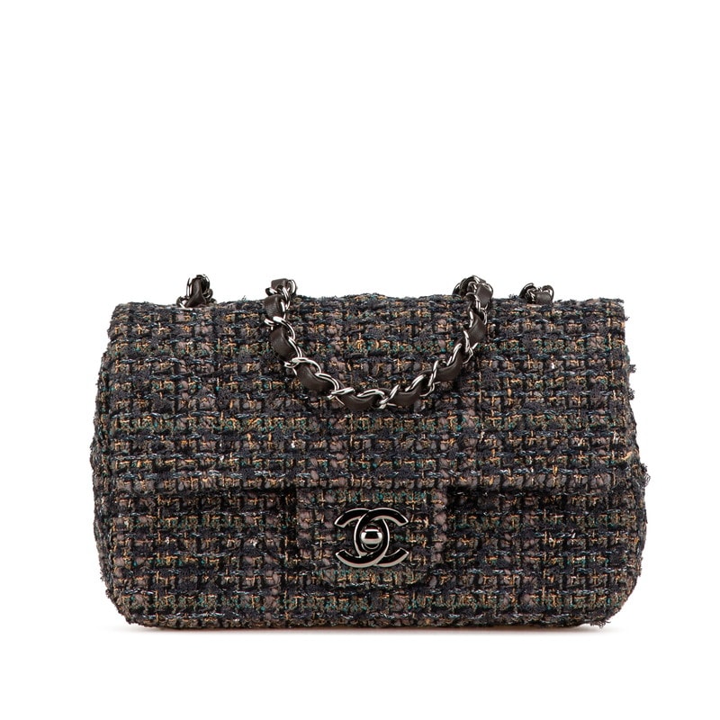 シャネル ミニ マトラッセ20 ココマーク 斜め掛け チェーン ショルダーバッグ グレー ツイード レザー レディース CHANEL 【中古】