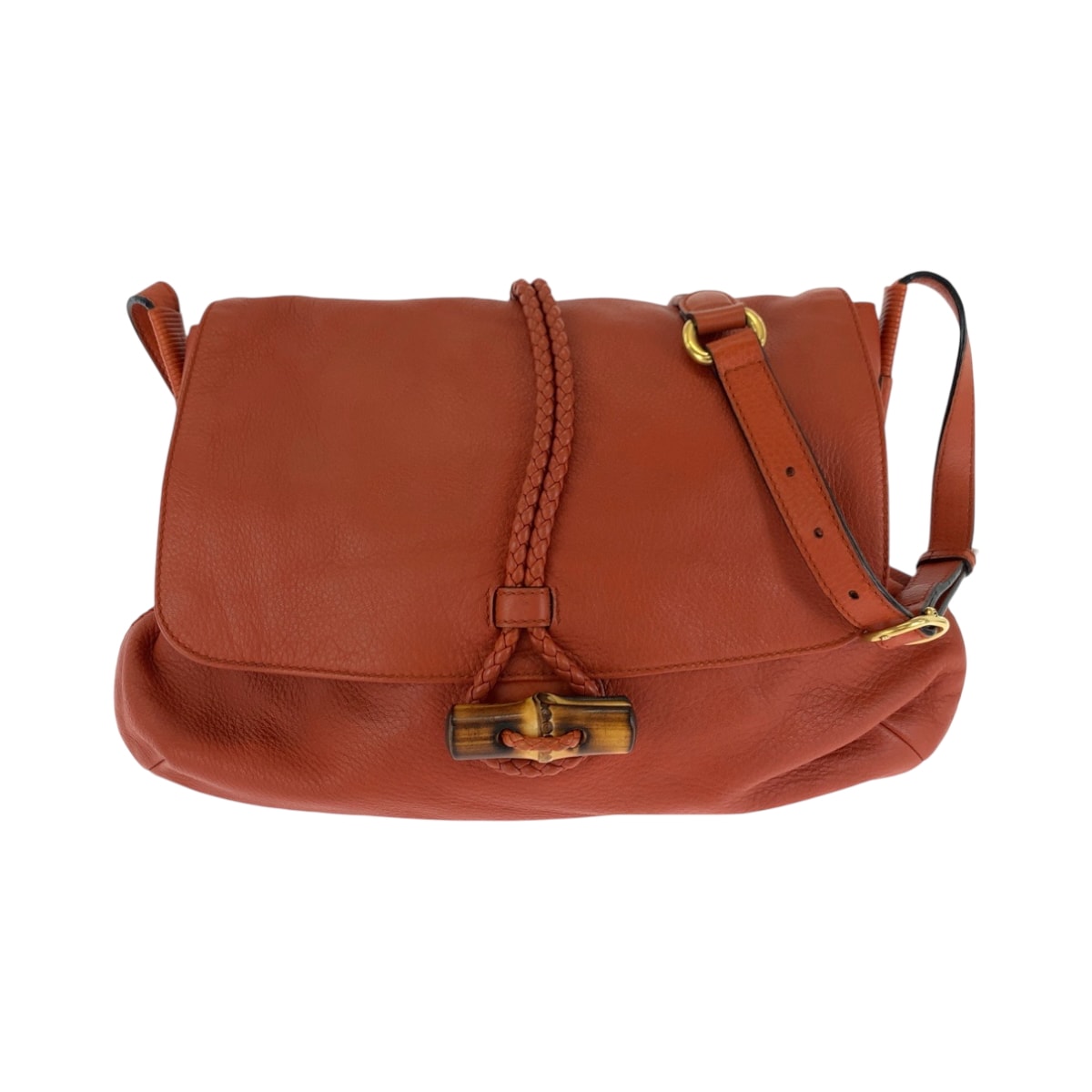 美品 GUCCI グッチ バンブー オレンジ ブラウン ゴールド金具 レザー ショルダーバッグ ポシェット 502185 【中古】