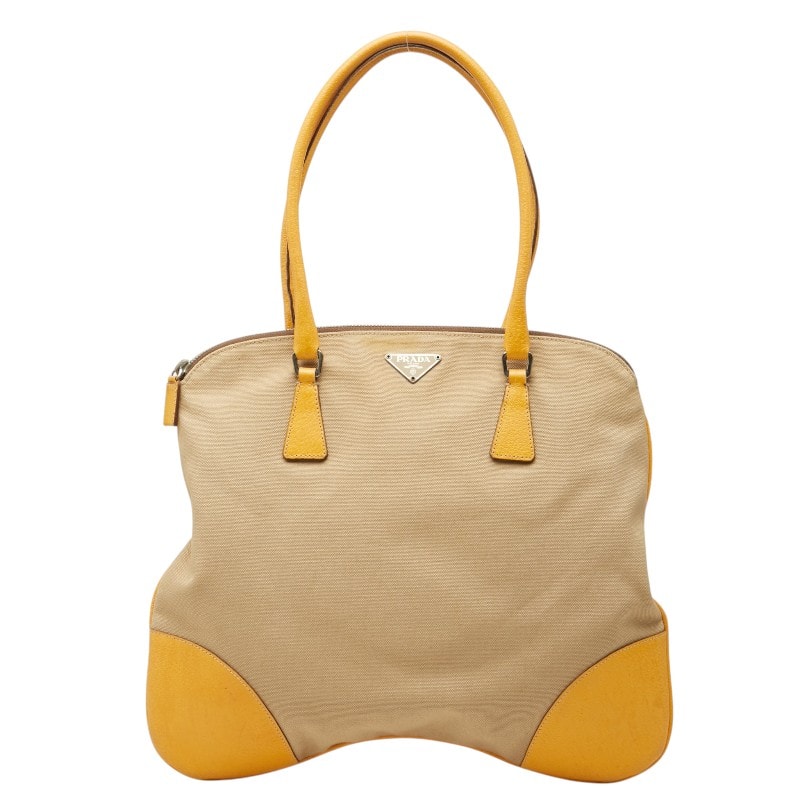 プラダ 三角ロゴプレート トートバッグ ショルダーバッグ ベージュ イエロー系 キャンバス レザー レディース PRADA 中古