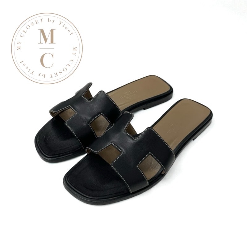 エルメス HERMES オラン サンダル 靴 シューズ レザー ブラック 黒 フラット ミュール