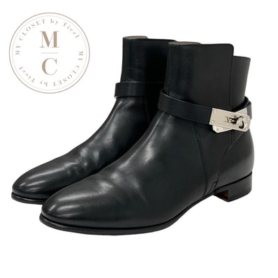 エルメス HERMES ネオ ブーツ ショートブーツ 靴 シューズ レザー ブラック 黒 シルバー ケリー金具