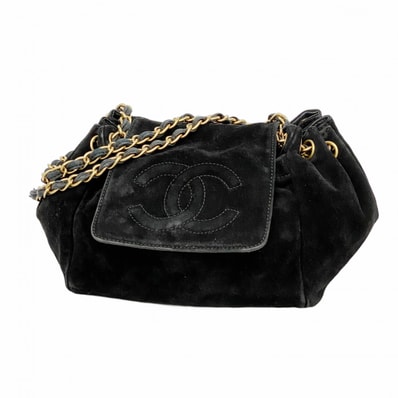 【6dd4766-k】シャネル ショルダーバッグ チェーンショルダー スウェード ブラック シャンパンゴールド金具【中古】レディース
