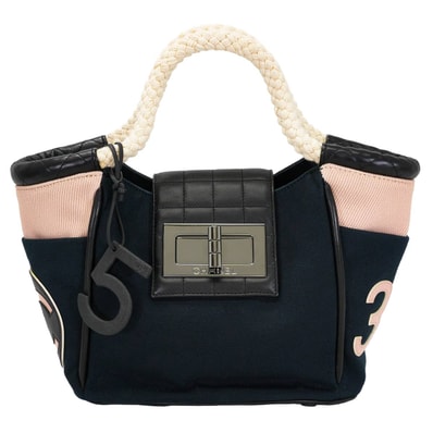 CHANEL シャネル ハンドバッグ チョコバー ロープハンドル ココマーク No.5 ネイビー/ピンク/マルチカラー キャンバス シルバー金具 A28010 新品同様【中古】