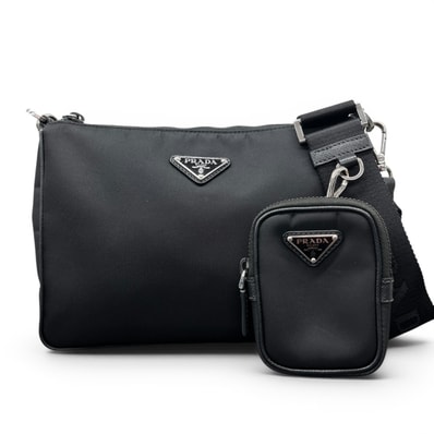 PRADA 極美品 プラダ Re-Nylon x サフィアーノレザー リナイロン ショルダーバッグ 2VH113 ナイロン レザー ブラック トライアングルロゴ 三角プレート ロゴプレート Aランク 鑑定済 中古 プラダバッグ【定価308,000円】