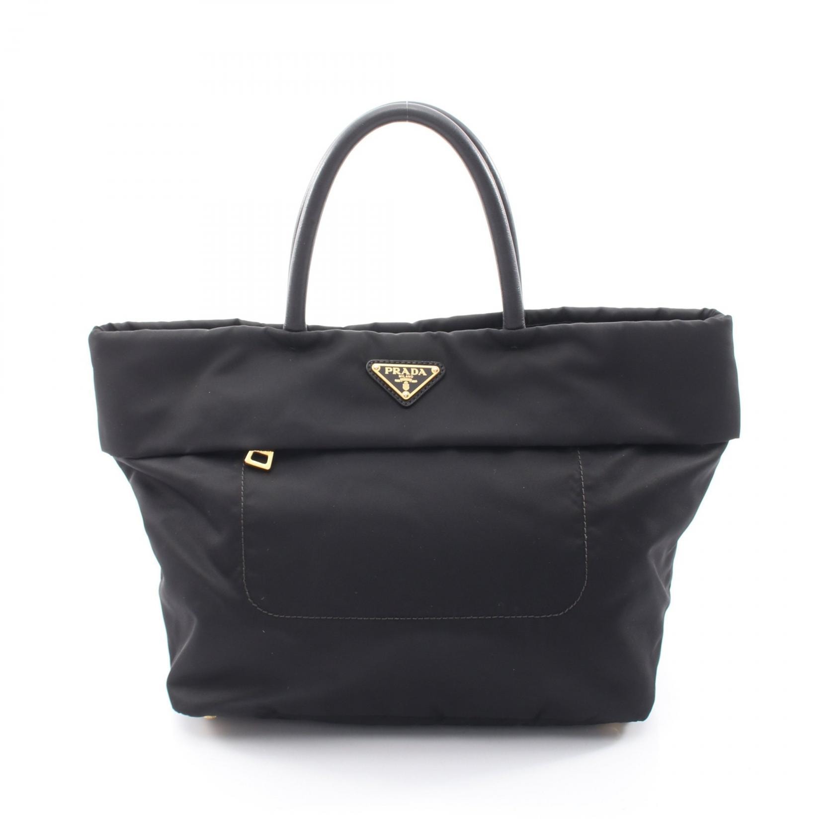 プラダ PRADA トライアングルロゴ トートバッグ バッグ ナイロン レザー レディース ブラック系 【中古】