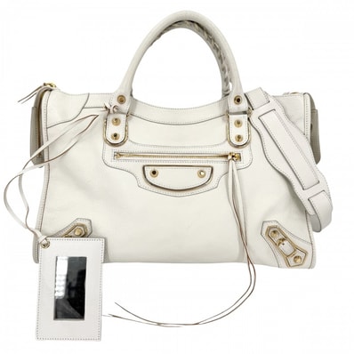 BALENCIAGA バレンシアガ 2WAY クラシック メタリック エッジ ハンドバッグ ショルダーバッグ 肩掛け 斜め掛け 390154 レザー ホワイト 白 ゴールド金具 レディース【中古品】