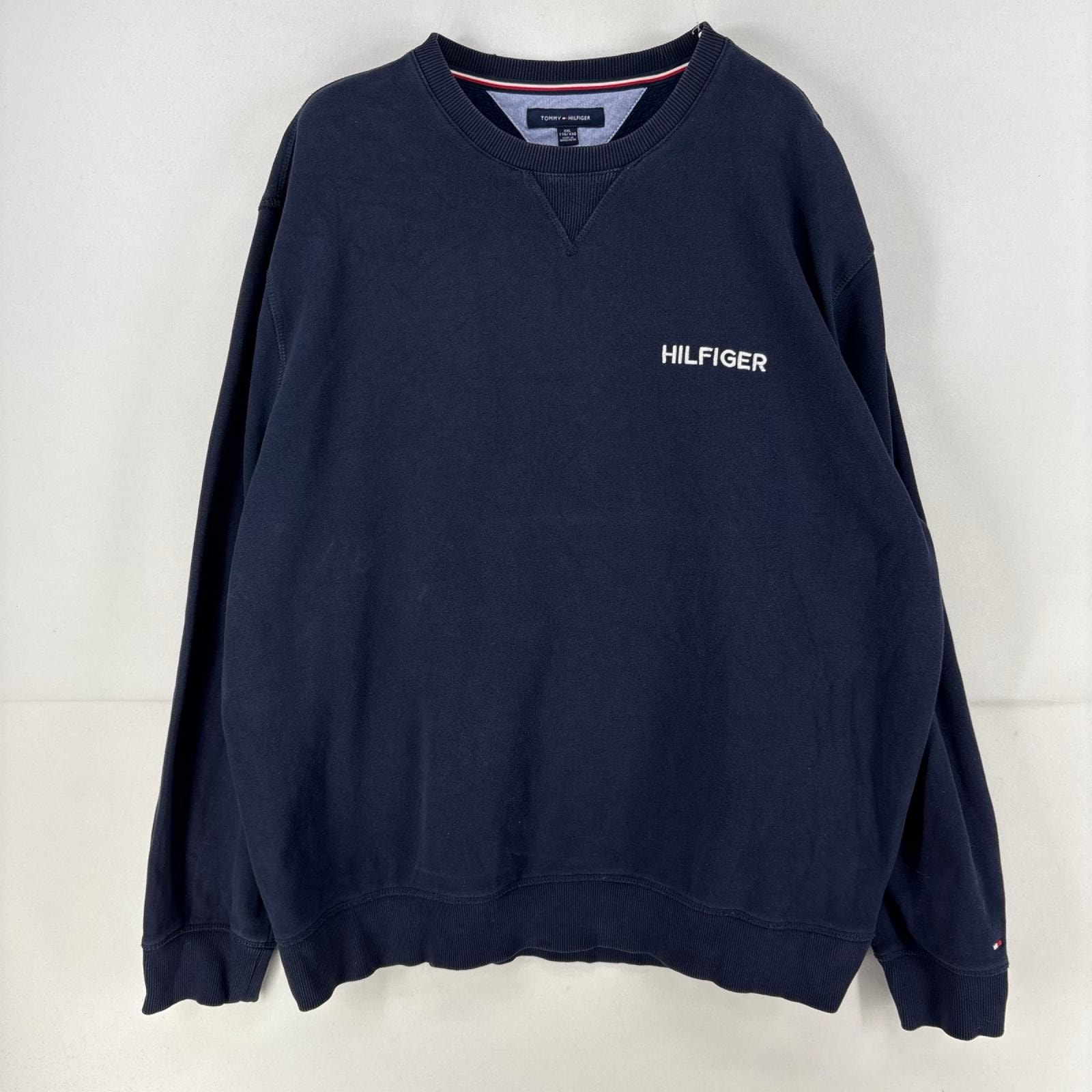 古着 トミーヒルフィガー TOMMY HILFIGER スウェット ワンポイント ロゴ 刺繍 クルーネック Vネック 大きいサイズ 2XL  ネイビー メンズ