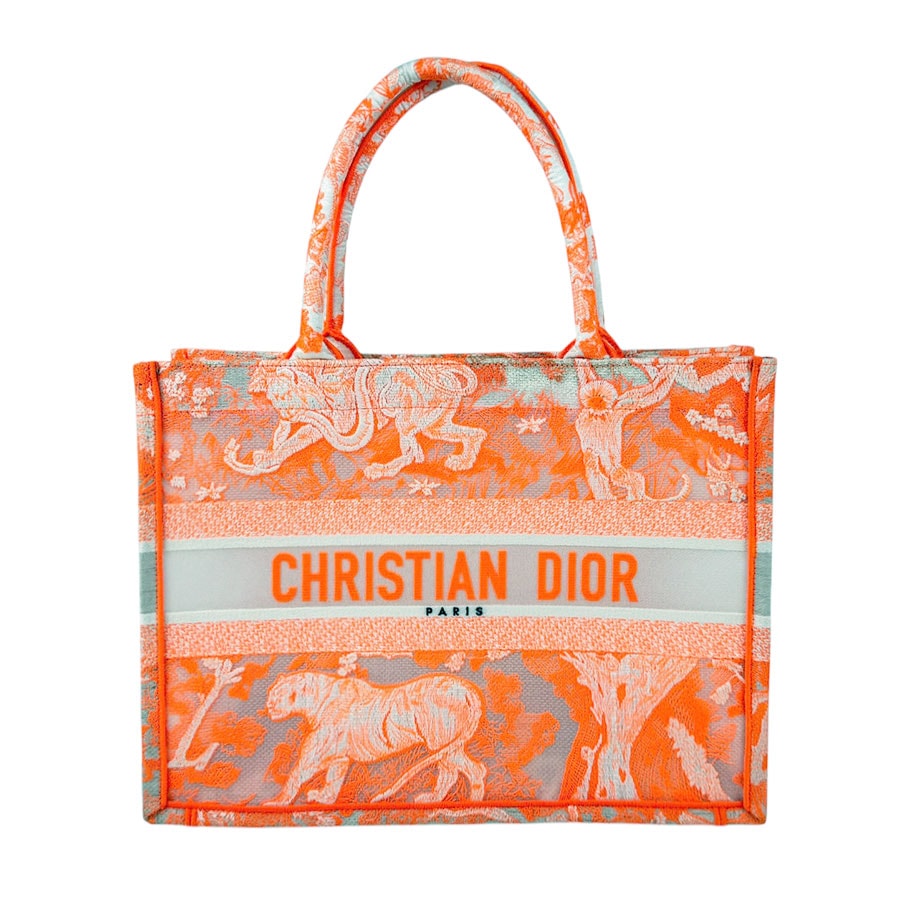 クリスチャンディオール Christian Dior ハンドバッグ ブックトート ミディアム キャンバス ネオンオレンジ/ホワイト レディース【中古】 z11126