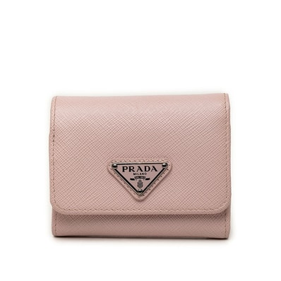 プラダ 三角ロゴプレート サフィアーノ 三つ折り財布 ライトピンク レザー レディース PRADA 中古