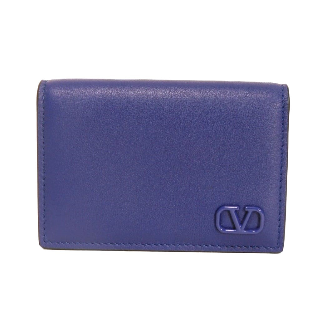 VALENTINO ヴァレンティノ ミニ Vロゴ シグネチャー カードホルダー カーフ スナップボタン 二つ折り コンパートメント マチ付き パスケース 名刺入れ RFID ICチップ 美品 Vマーク ネイビーブルー カードケース 2Y2P0U14ZQU