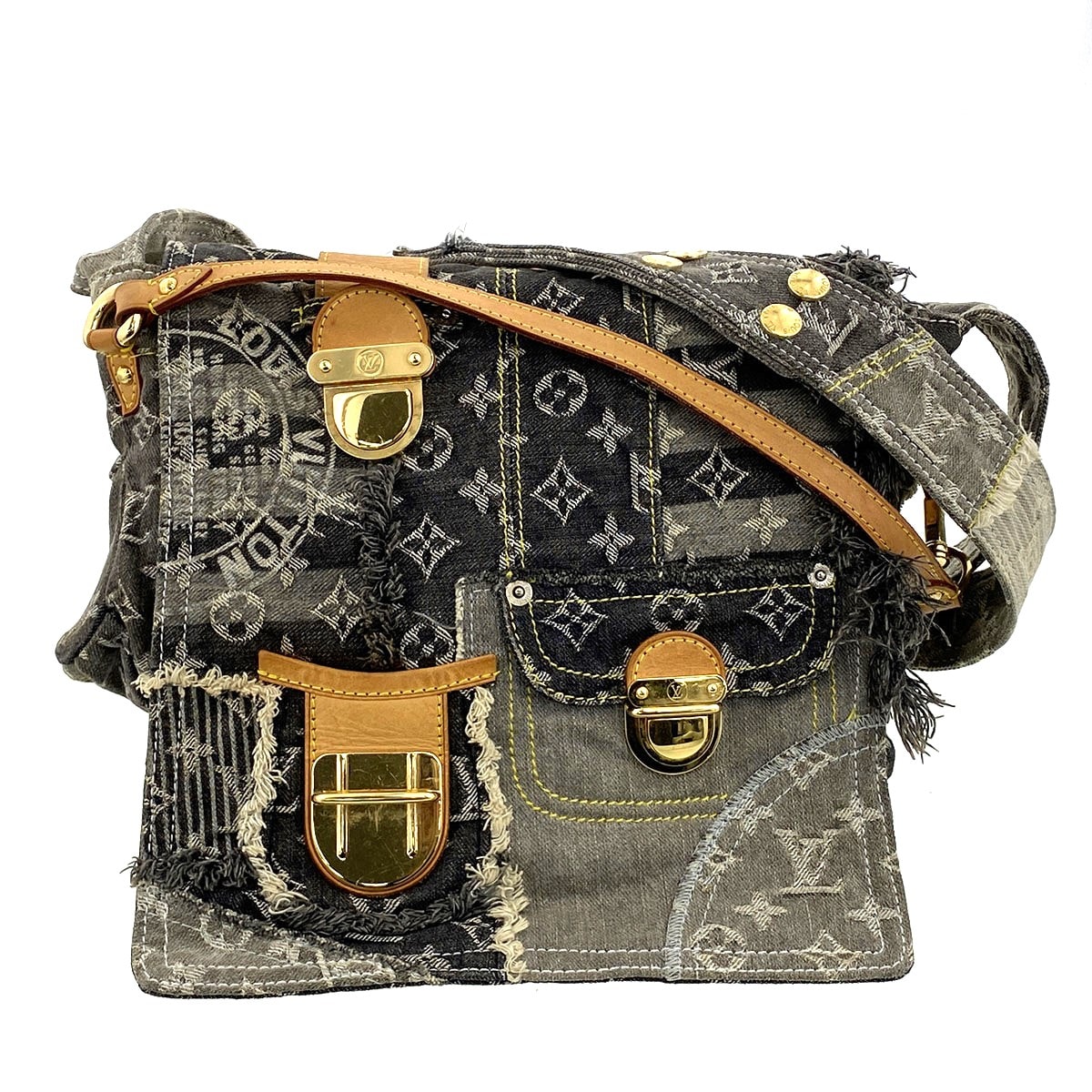 LOUIS VUITTON ルイ・ヴィトン ポスティー ショルダーバッグ M95375 モノグラムデニム パッチワーク ブラック グレー レディース【中古】