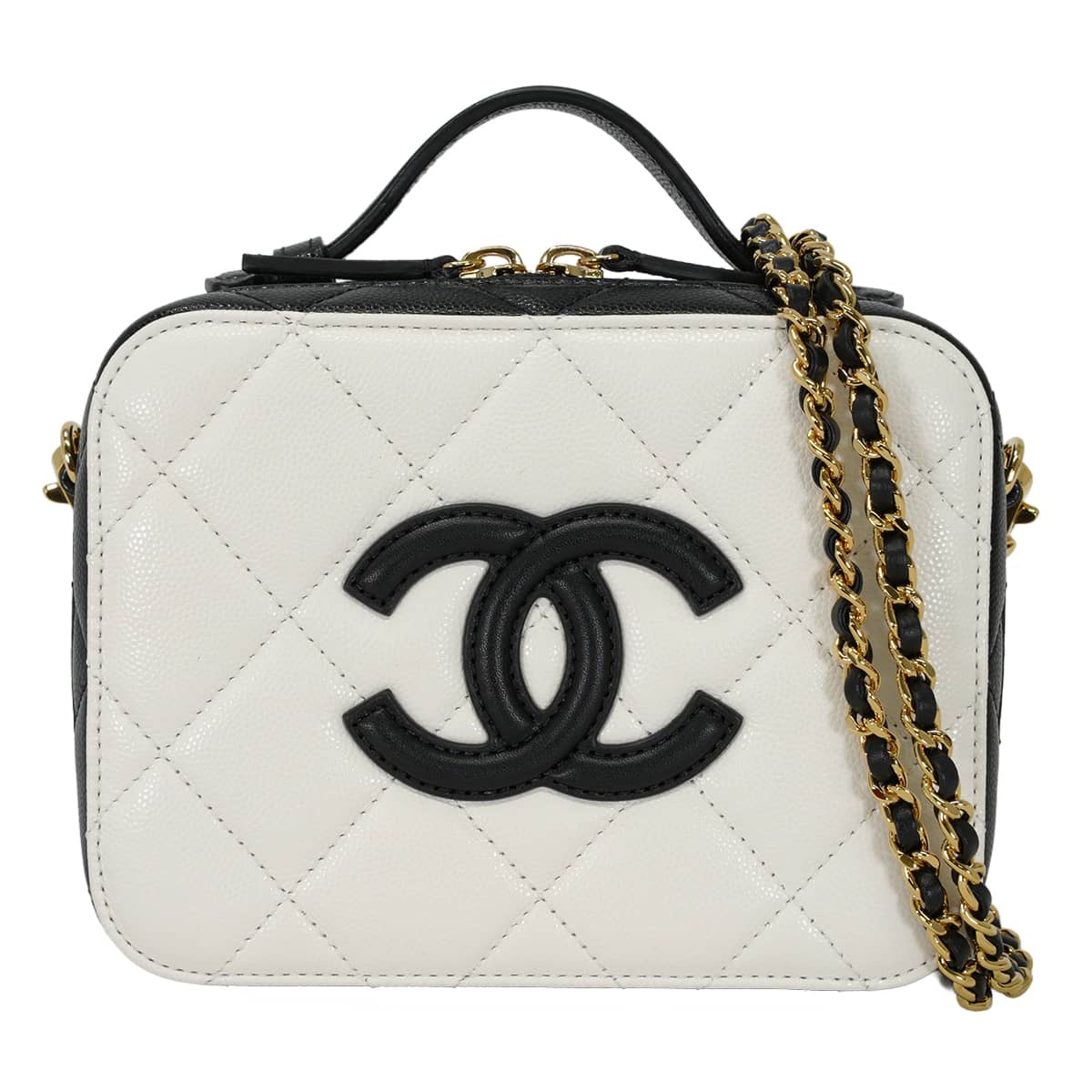 CHANEL シャネル ショルダーバッグ バニティバッグ マトラッセ ココマーク チェーン 白 (ホワイト)/黒 (ブラック) グレインドカーフ(キャビアスキン) ゴールド金具 AS6552 新品未使用
