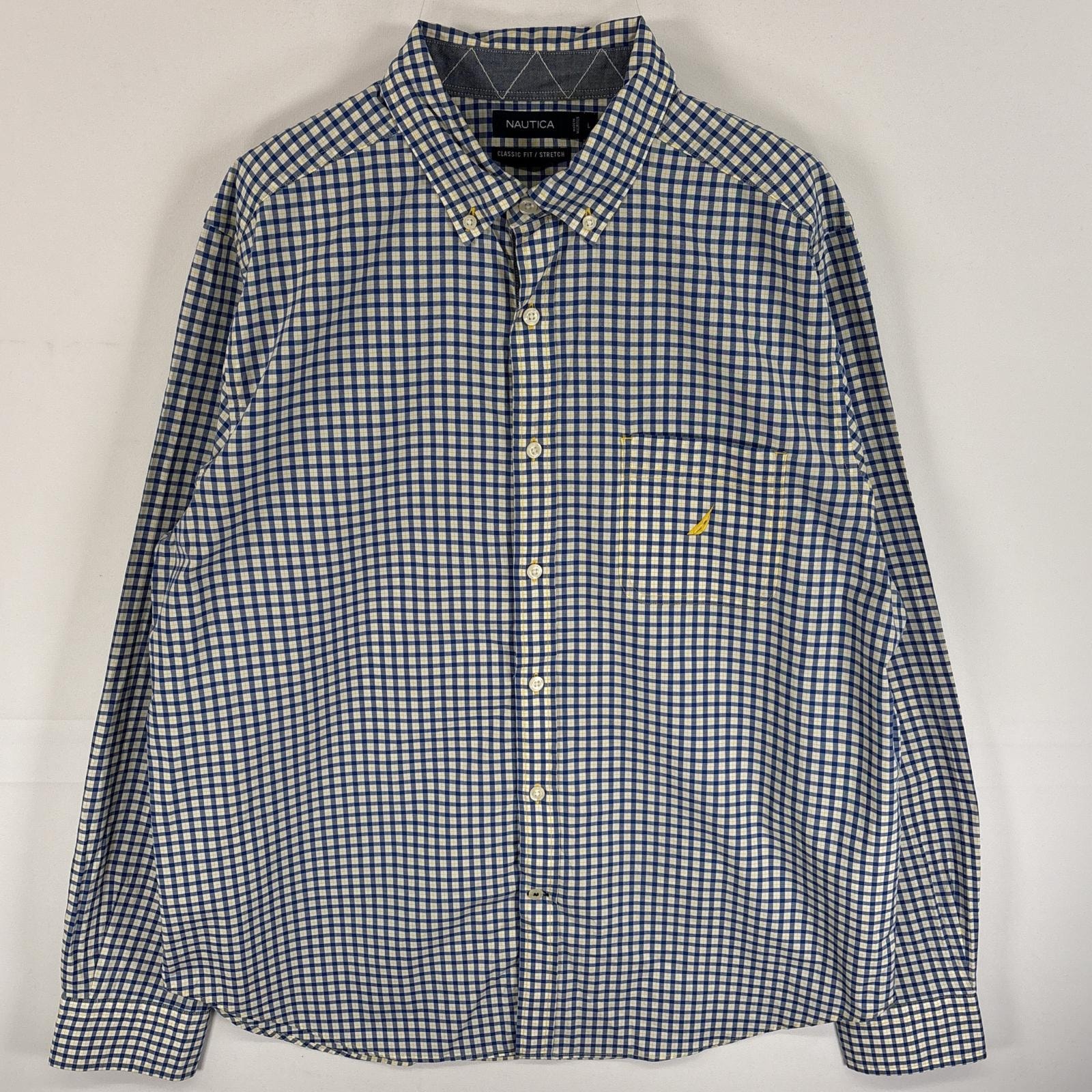 古着 ノーティカ NAUTICA 長袖シャツ カラーステッチ ワンポイント ロゴ 刺繍 ボタンダウンシャツ L ブルー系 チェック メンズ
