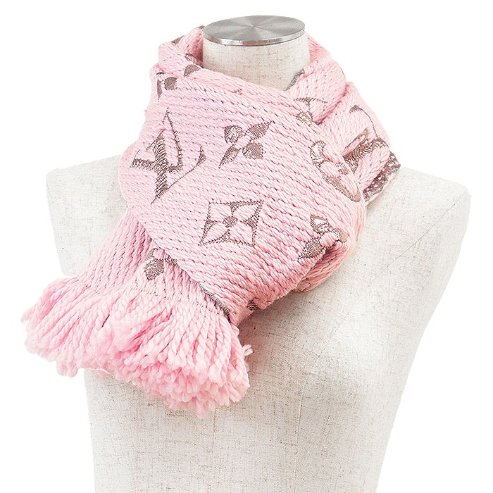 LOUIS VUITTON ルイ・ヴィトン マフラー エシャルプ・ロゴマニア LV モノグラム ウール × シルク × メタリック ストール 大判 小物 メンズ レディース ユニセックス ピンク シャンパンゴールド イタリア製 M70466