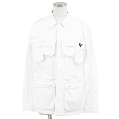 【極美品】PRADA プラダ ジャケット サイズ 48 メンズ シャツジャケット ミリタリー 高密度コットンブロード トライアングルロゴプレート アウター ボタン付属 ホワイト 白 イタリア製