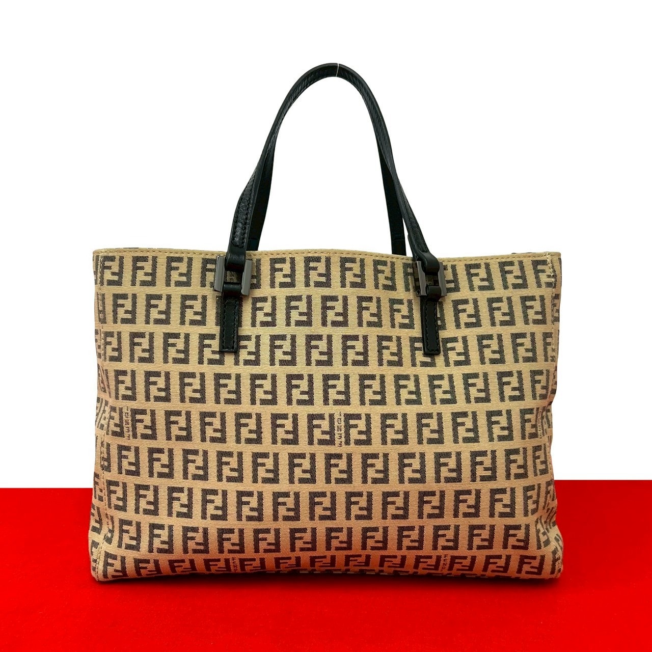 FENDI フェンディ ズッキーノ FF ロゴ 柄 ナイロン レザー トートバッグ ベージュ
 23585