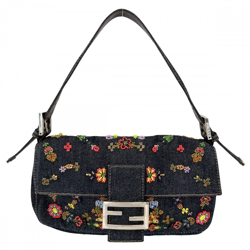FENDI フェンディ ショルダーバッグ マンマバケット セミショルダーバッグ ハンドバッグ 肩掛け ビーズ フラワー 花 インディゴブルー マルチカラー 26424 デニム  レザー   インディゴ シルバー金具 レディース【中古品】