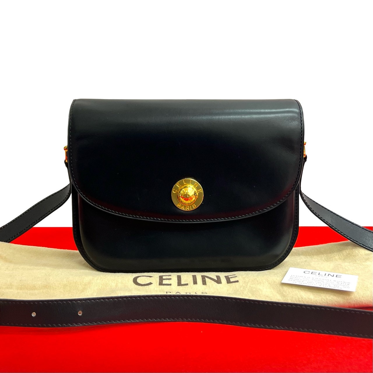 CELINE セリーヌ ロゴ スターボール 金具 カーフ レザー ショルダーバッグ ブラック
 434-6