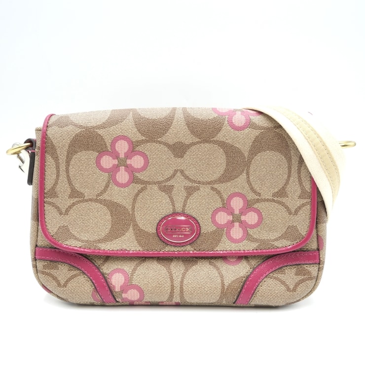 COACH(コーチ)シグネチャー クローバー ショルダーバッグ フラワープリント ベージュ ピンク キャンバス レディース 【中古】