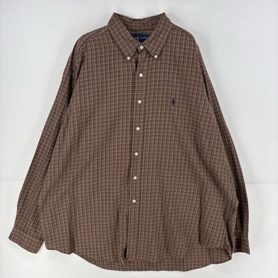 古着 ラルフローレン RALPH LAUREN 長袖シャツ ワンポイント ロゴ 大きいサイズ 2XL ブラウン系 チェック メンズ