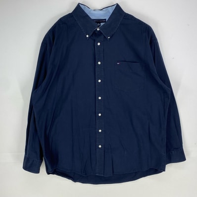 古着 トミーヒルフィガー TOMMY HILFIGER 長袖シャツ ボタンダウン 胸ポケット ワンポイント 2XL ネイビー系 メンズ