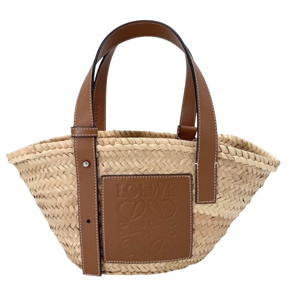 LOEWE ロエベ ハンドバッグ アナグラム バスケットバッグ スモール かごバッグ ラフィア レザー ベージュ ブラウン 茶 シルバー金具 レディース 春 夏【中古品】