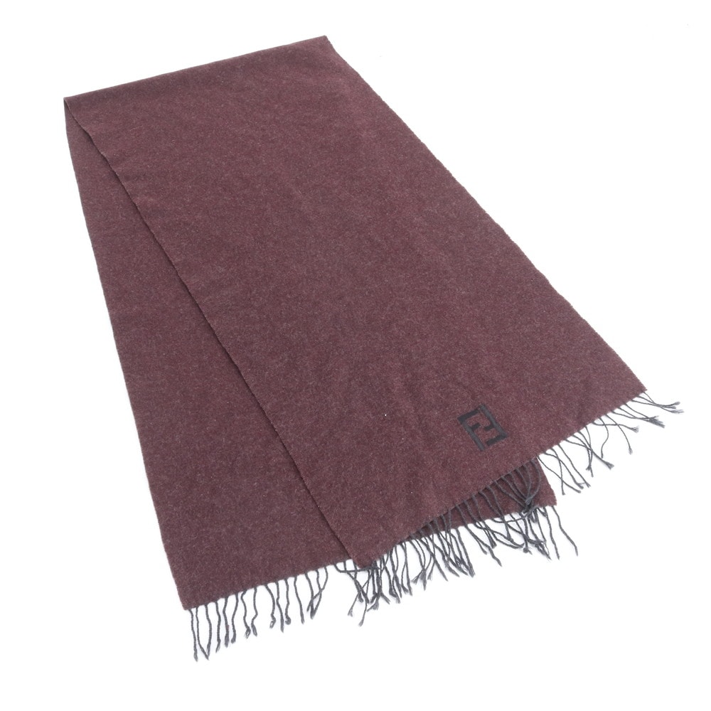 ■美品 フェンディ FF ロゴ 刺繍 ボルドー フリンジマフラー