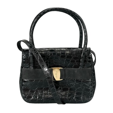 Salvatore Ferragamo サルヴァトーレフェラガモ ハンドバッグ ヴェラ クロコ型押し 2WAY 斜め掛け A217201 ブラック 黒 ゴールド金具 レディース 美品【中古品】