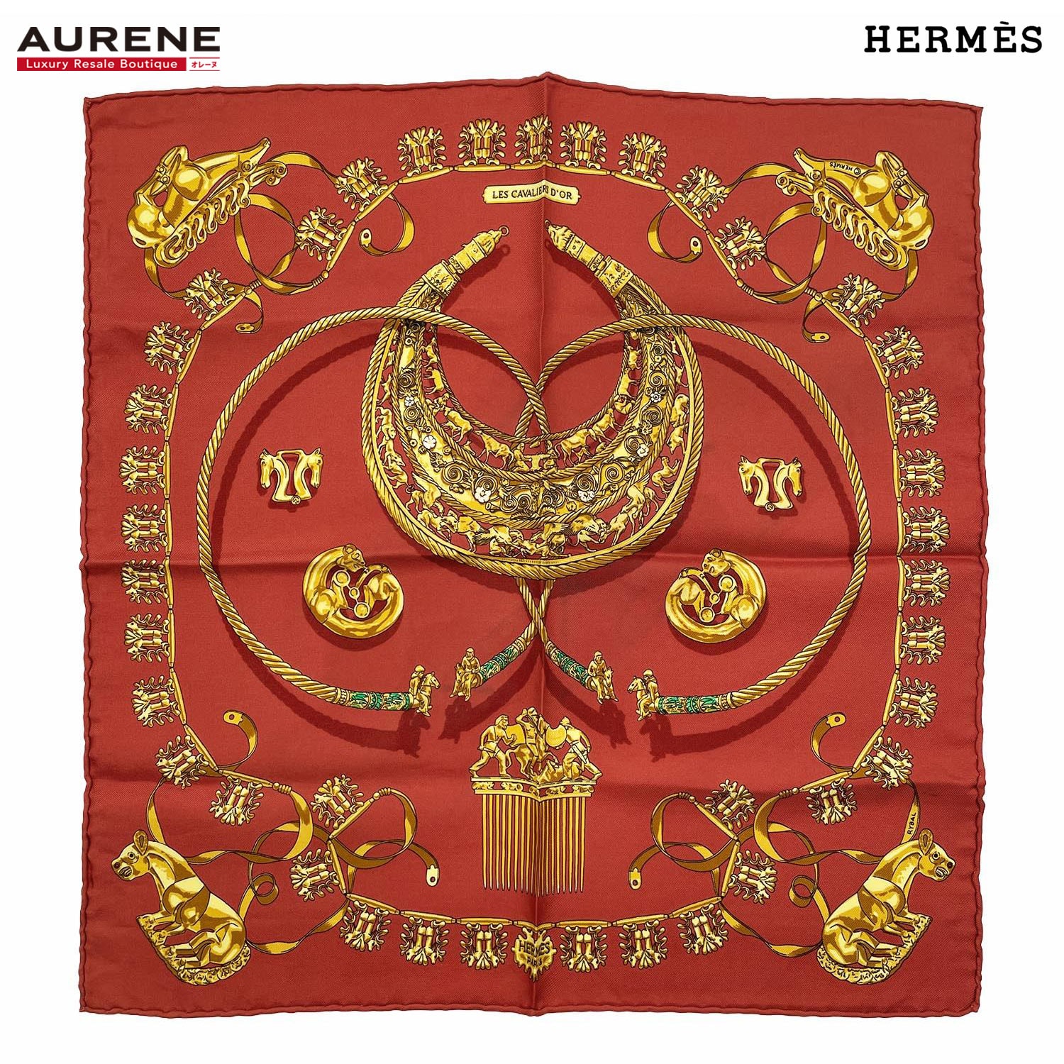 HERMES エルメス スカーフ プチカレ 41 LES CAVALIERS D'OR 黄金の騎士 ハンカチ シルク レッド ユニセックス 【中古】