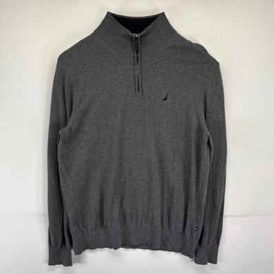 古着 ノーティカ NAUTICA ニット ハーフジップ プルオーバー ワンポイントロゴ刺繍デザイン ハイネック L グレー系 メンズ