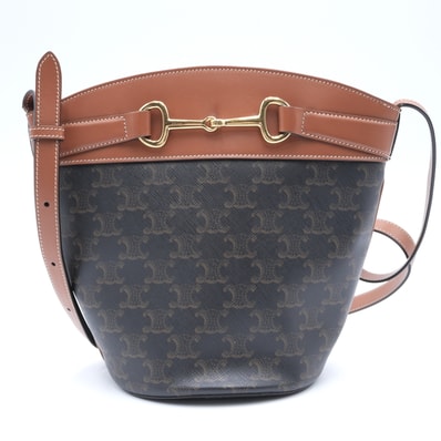 CELINE(セリーヌ)バケット クレシー ショルダーバッグ トリオンフキャンバス タン カーフスキン ホースビット ゴールド金具 レディース【中古】